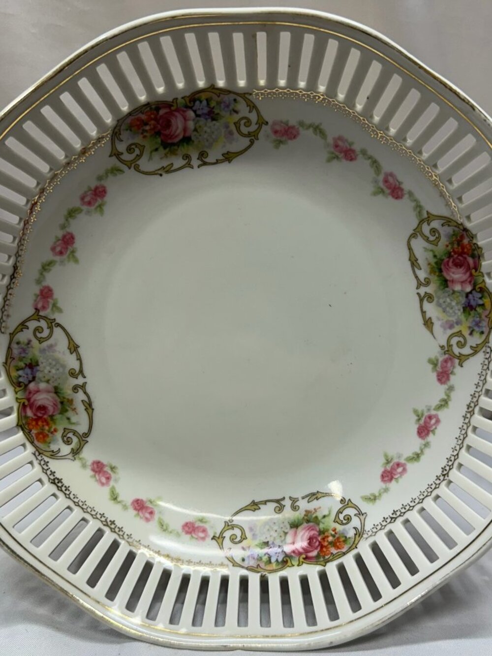 Vintage J Bavaria Reticulated Porcelain Bowl Pierced Lattice Pink Roses 9.25"